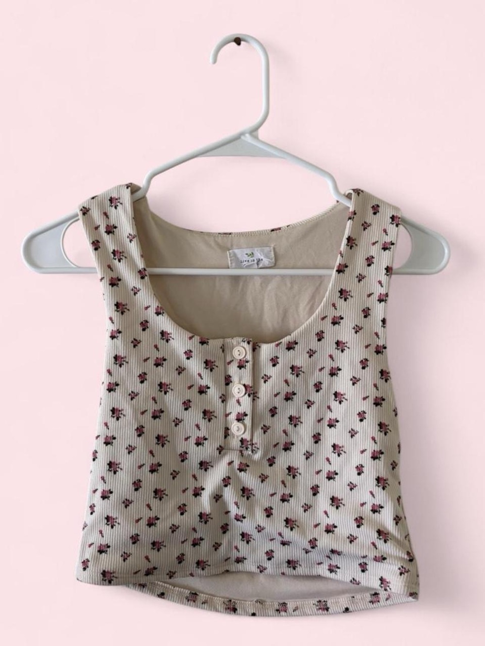 Floral Ribbed Crop Tank Top in Cream with Pink Accents
